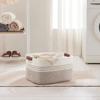 45L Small Laundry Basket with Leather Handles for Living Room Storage, Woven Rope Baskets Bin for Blanket, Kids Toy, Gifts, Wicker Hamper for Bedroom Dirty Clothes, 18"x14"x11" White Brown