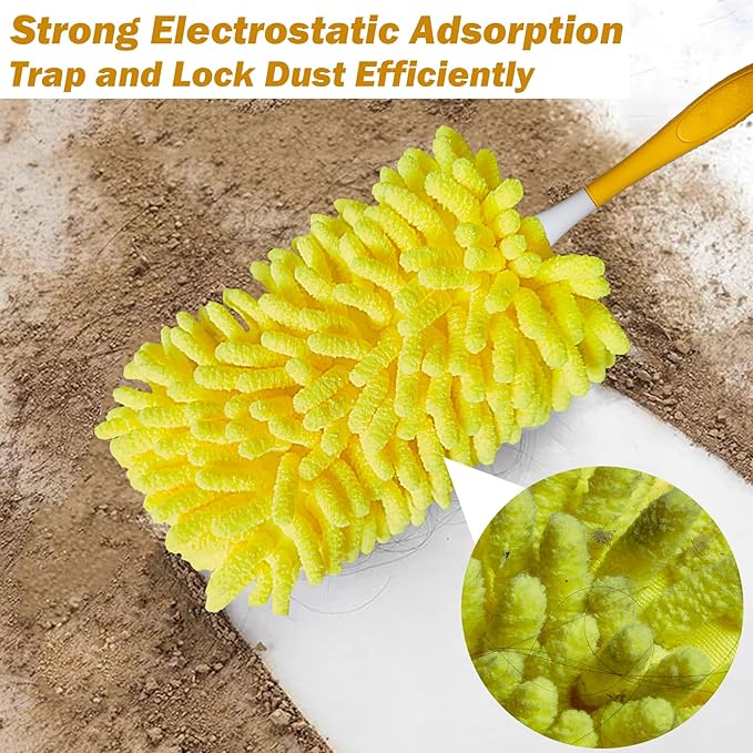 Reusable Duster for Swiffer, 4 Refills +1 Handle, 360 Heavy Duty Duster Refill Compatible with Swiffer Hand Dusters, for Dusting Furniture, Blinds, Ceiling Fans, Walls and More, Yellow