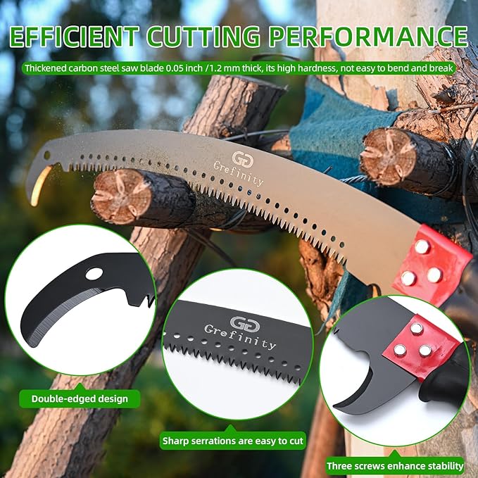 Manual Pole Saw for Tree Trimming, 27 FT Manual tree purner with 8 Fiberglass Handles, Sharp steel Blade and Scissors, Easy to Carry and Extendable Design for Tree Maintenance, Green