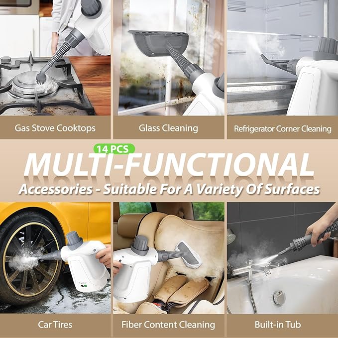 Pressurized Deep Cleaning Steam Cleaner, 15.2OZ Chemical-Free Steamer with 14PCS Accessories & Safety Lock, Handheld Steam Cleaner for Home, Car, Furniture, Grease, Grout, Floor