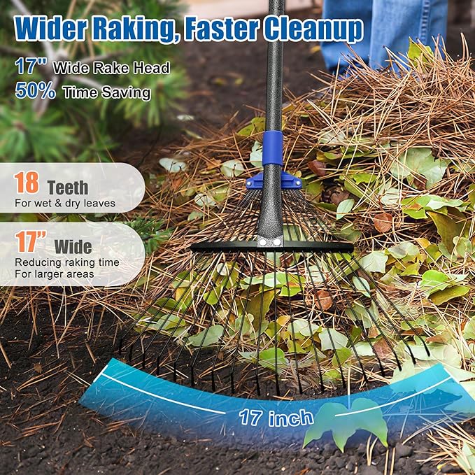Rake for Leaves: Adjustable Metal Leaf Rake for Lawn, 8-17" Expandable Head, 45” Long Handle,Collapsible Heavy Duty Women Kids Garden Rakes for Yard Pine Needles Mulch Grass Debris Gardening Camping