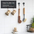 Natural Bamboo Dish Brush Bottle Scrub Brush 4-Piece Set, with Ceramic Soap Dispenser - Wooden Washing Up Brushes with Sturdy Handles for Cleaning Dishes, Pots, Pans, Gift Kit