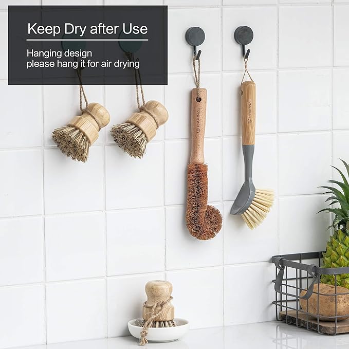 Natural Bamboo Dish Brush Bottle Scrub Brush 4-Piece Set, with Ceramic Soap Dispenser - Wooden Washing Up Brushes with Sturdy Handles for Cleaning Dishes, Pots, Pans, Gift Kit