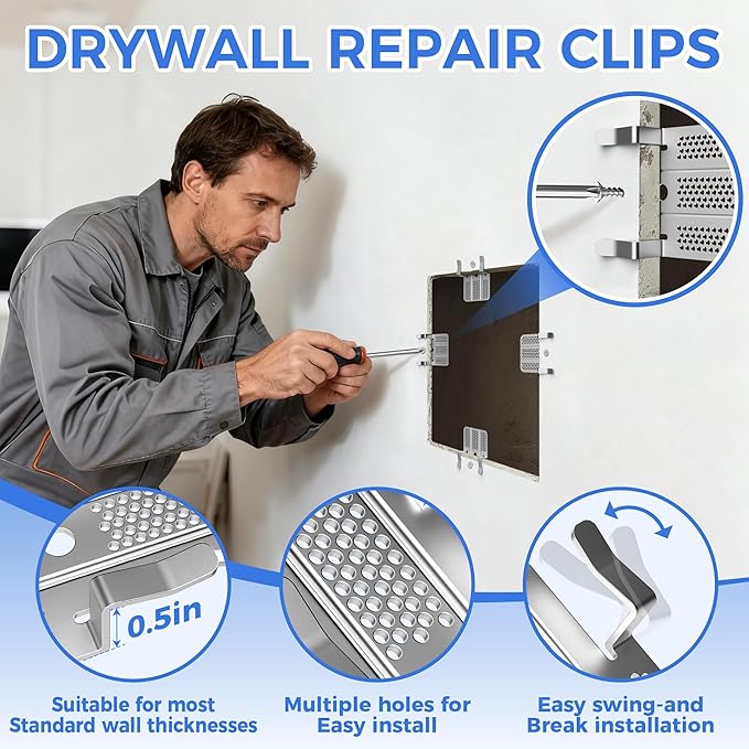 32 Pack Drywall Repair Clip, Drywall Clips Repair with 64 Screws Fits 1/2" and 5/8" Panels, Stainless Steel Drywall Fastener Repair Clips Kit for DIY Damaged Walls Repairing