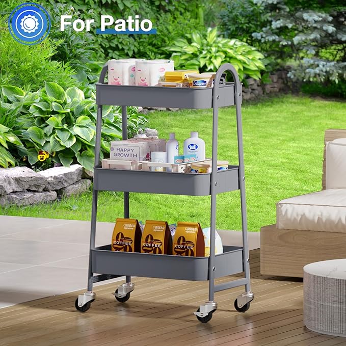 OLIXIS 3 Tier Utility Rolling Cart, Metal Mobile Storage Shelf with Lockable Caster Wheels, Organization for Livingroom, Bathroom, Kitchen, & Narrow Places, Gray