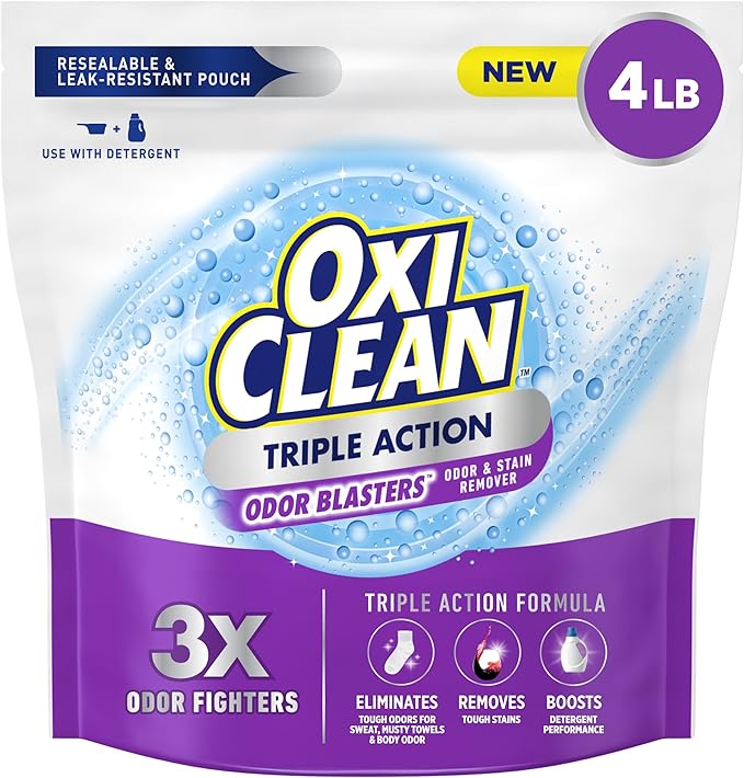 OxiClean Triple Action Odor Blasters Odor and Stain Remover Powder, Use with Detergent, Eliminates Tough Odors and Removes Stains, Color Safe and Chlorine Free, 4 lbs