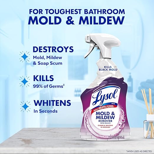 Lysol Mold & Mildew Remover Spray, Bathroom & Shower Cleaner, Disinfectant Spray, Stain Remover with Bleach, Tough on Black Mold, Multipurpose Cleaner for Home and Kitchen, 32oz (3 Pack)