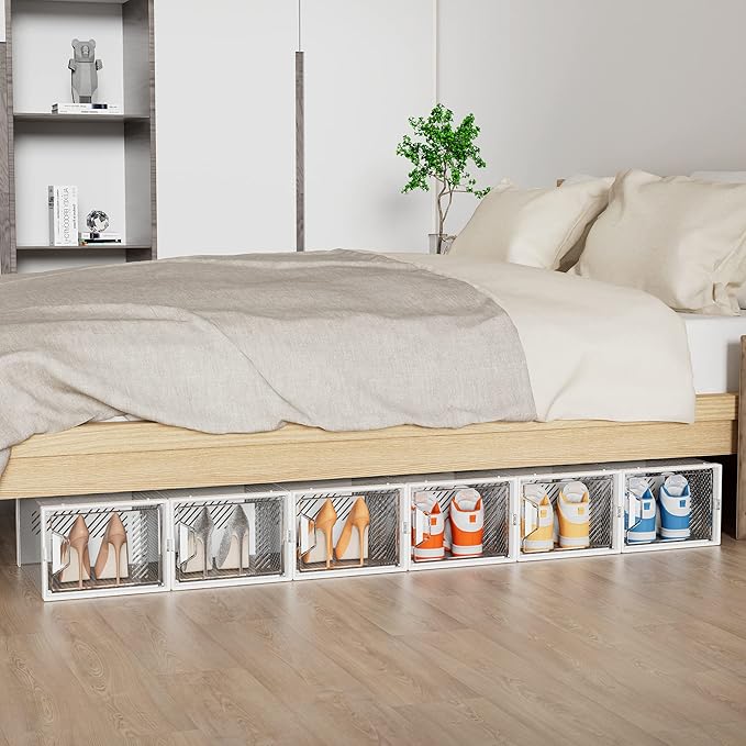 Shoe Storage, 12 Pack X-Large Shoe Organizer for Closet, Shoe Boxes Clear Plastic Stackable Shoe Storage Boxes for Size 13