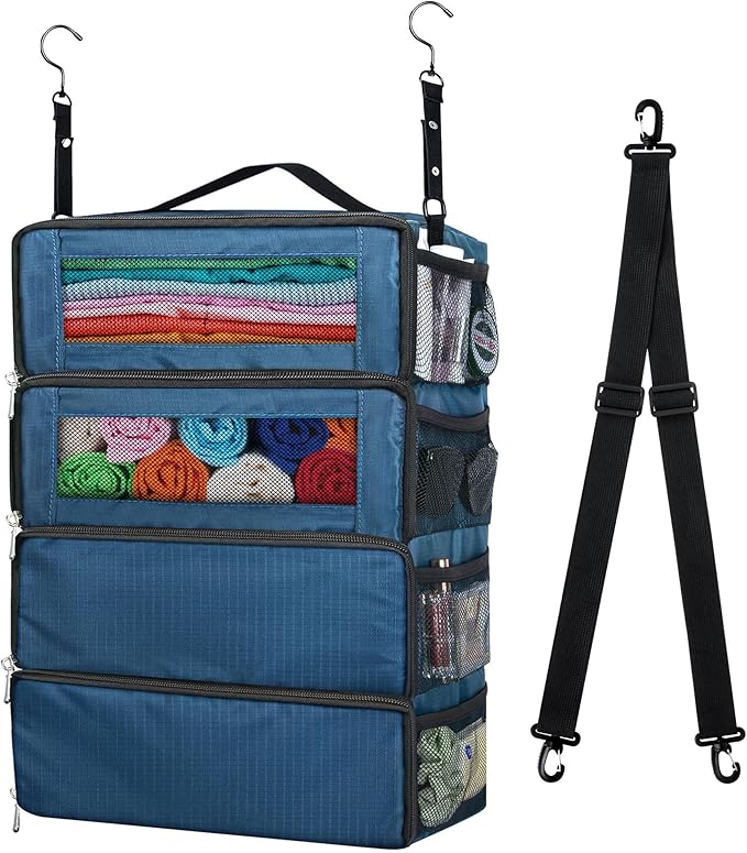 Suitcase Organizer, Carry on Closet Luggage Organizers Accessories for Travel, Foldable and Hangable Portable Hanging Travel Shelves with a Shoulder Strap to Use As a Travel Backpack Medium, Navy Blue