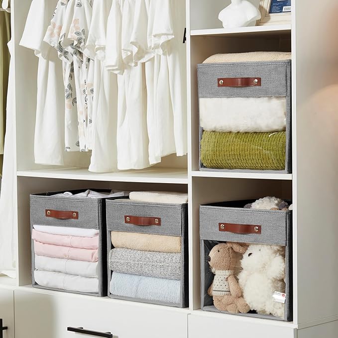 Storage Cube Organizer with Clear Window, Linen Collapsible Storage Boxes with PU Handles, Cube Storage Bins for Shelf, Closet, Cabinet, Bookcase (13x13x13, Gray)