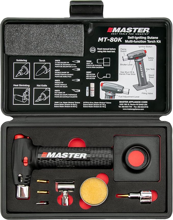 Master Appliance MT-80K Butane Micro Torch Kit [Butane Torch, Flameless Heat Tool, Soldering Iron & Hot Knife] Hand Held, Refillable with Butane Fuel, Adjustable Flame, Case with Attachments