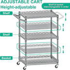 Metal Rolling Cart, 3 Tier Kitchen Cart with Wheels Wire Utility Trolley with Handle, Heavy Duty Tiered Rolling Shelf Trolley for Food Serving Tools Storage, Gray