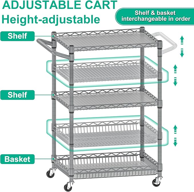 Metal Rolling Cart, 3 Tier Kitchen Cart with Wheels Wire Utility Trolley with Handle, Heavy Duty Tiered Rolling Shelf Trolley for Food Serving Tools Storage, Gray