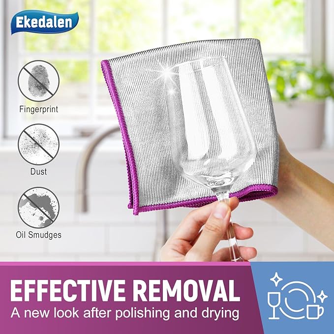 Microfiber Cleaning Cloth Polishing Glass Cleaner Absorbent Kitchen Towel Quick Drying Miracle Lint Free Rags for Household Auto Detailing Bathroom, Pack of 6, 12 x 12 Inch, Sliver-Purple