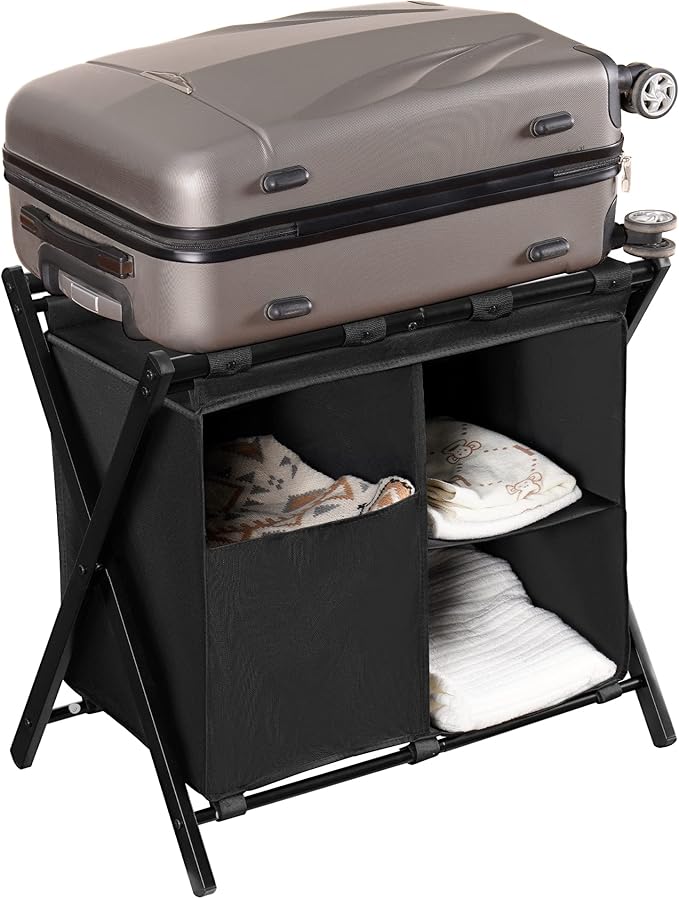 Heybly Luggage Rack with Laundry Bag,Pack of 2,Steel Folding Suitcase Stand with Storage Shelf for Bedroom, Hotel, Foldable Steel Frame, Black,HLR006B2
