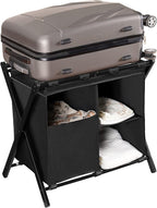 Heybly Luggage Rack with Laundry Bag,Pack of 2,Steel Folding Suitcase Stand with Storage Shelf for Bedroom, Hotel, Foldable Steel Frame, Black,HLR006B2