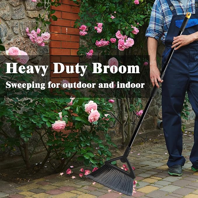 Heavy Duty Broom Outdoor Indoor, Upgraded Commercial Angle Brooms, Black Broom for Sweeping House, Restaurant, Kitchen, Garage, Courtyard