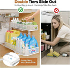 2 Pack 21.3IN-Depth Under Sink Organizer with Smooth Cylindrical Rail,2-Tier Pull Out Multi-Purpose Cabinet Storage for Bathroom&Kitchen,Height Adjustable,Rust-Resistant Coating-White