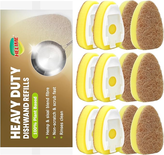 HELIME Natural Dishwand Refills Sponge, Non Scratch Dish Wand Sisal Hemp Replacement Brush Head, Plant Based Heavy Duty Scrubber Dispenser, Dishwashing Cleaning Supplies for Kitchen Sink Dishwash Tool