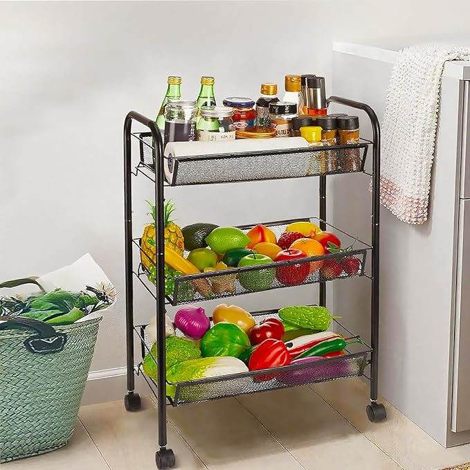 3 Tier Rolling Cart, Rust-Resistant Mesh Wire Metal Utility Cart with Wheels & 4 Side Hooks, Tool-Free Assembly, for Kitchen, Bathroom, Laundry Room, Living Room, Pantry, Dorm