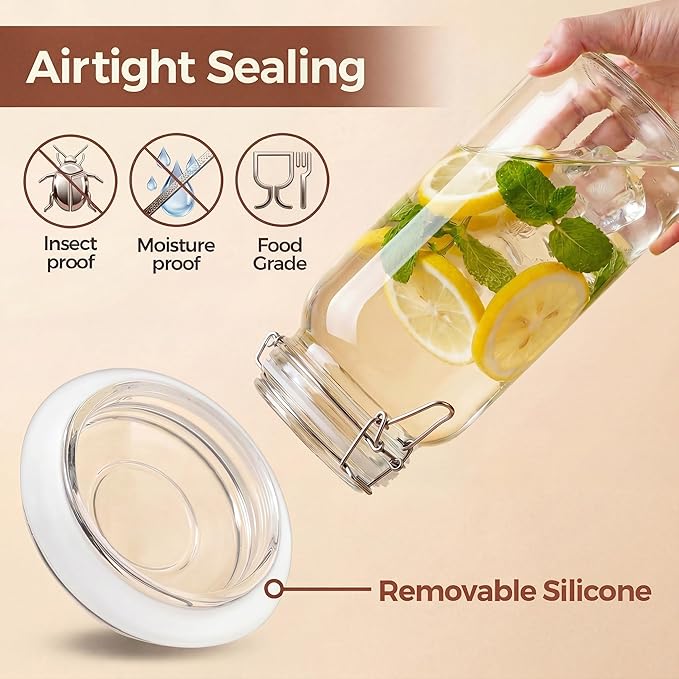 Multi Size - 5 Pack Square Glass Jars with Airtight Lid, Wide Mouth Mason Jars with Clamp Lids, Air Tight Glass Canisters, Best Food Storage Containers for Cereal, Pasta, Rice, Sugar, Coffee, Spice