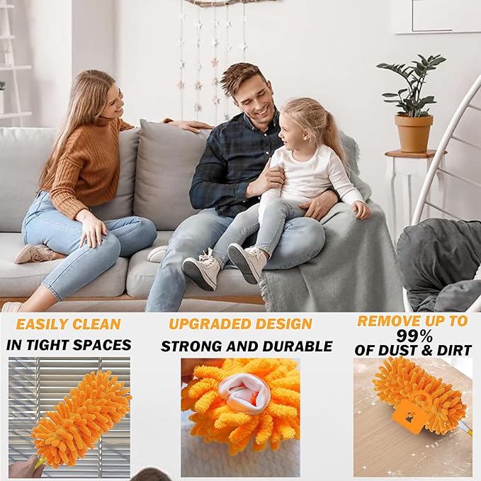 Duster Refill for Swiffer Duster, Reusable Duster Refill Compatible with Swiffer Hand Duster, 360° Heavy Duty Washable Microfiber Dusters for Cleaning, 6 Pack & 1 Handle, Orange