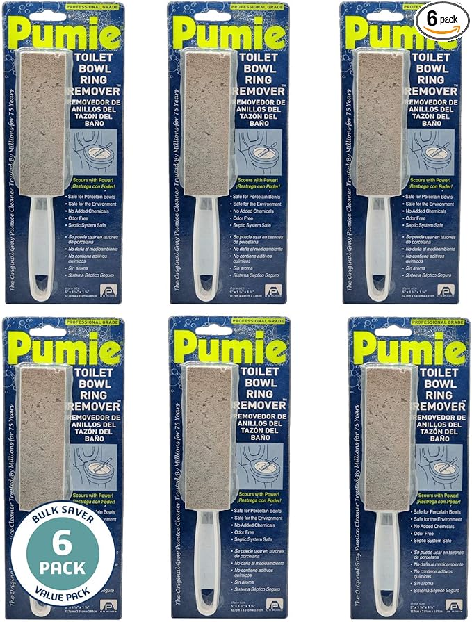 PUMIE Pumice Stone Toilet Bowl Cleaner (6-Pack) - Pumice Stone with Handle - Heavy Duty Toilet Bowl Scrubber for Rings, Bowls, Hard Water Stains, Lime, Rust, Sink - Includes Handle for Easy Use