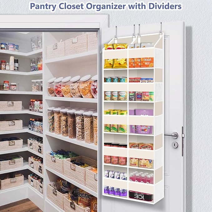 Heavy Duty Over The Door Organizer 5 Tiers, Extra Large Behind Door Storage of 10 Big Front & 10 Mesh Pockets, 80lb Weight Capacity, Doors Organizer Hanging for Closet Bathroom Bedroom Nursery, Beige