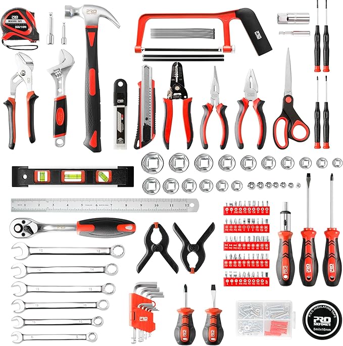 Prostormer 259-Piece Tool Kit, General Household Hand Tool Set with Plastic Storage Toolbox, Portable Complete Repair Tool Box for Home and Car (Red)
