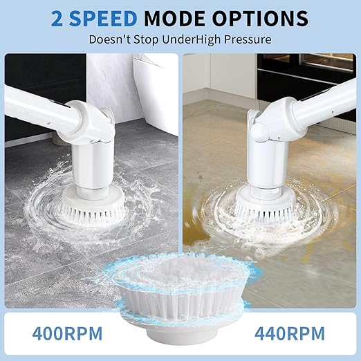 Electric Spin Scrubber - Cordless Cleaning Brush with Digital Display, 2 Speeds, 8 Brush Heads, IPX7 Waterproof, Adjustable Long Handle for Bathroom, Tub, Tile, Shower, and Car（Grey）