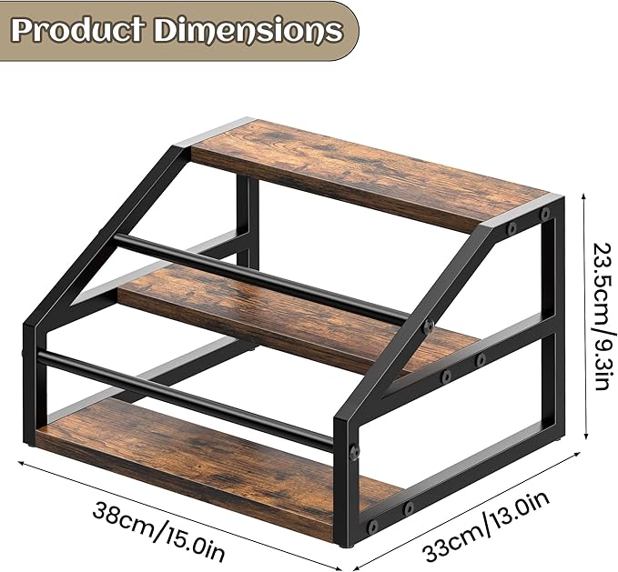 Coffee Syrup Rack Organizer, Spice Racks, Syrup Bottle Holder Stand for Coffee Bar, 3-Tier 12 Bottles Storage Shelves for Syrup, Wine, Dressing for Kitchen Countertop, Rustic Brown