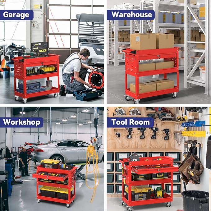 3 Tier Rolling Tool Cart with Drawer, 450 LBS Heavy Duty Utility Cart on Wheels, Service Cart for Garage, Workshop and Warehouse (Red)