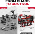 Power Tool Organizer Wall Mount - Power Tool Storage Rack with 3 Shelves, 8 Drill Holders, Bit Holder, Load 300 lbs, Pegboard Sides Storage for Tools- Garage Drill Organizer, Ultimate Workshop Station