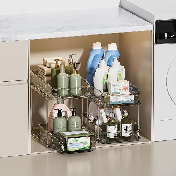 Delamu 2 Sets of 2-Tier Clear Under Sink Organizers and Storage, Multi-Purpose Stackable Bathroom Cabinet organizers, Grey