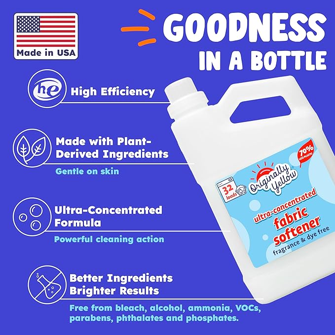 Originally Yellow Plant Based Fabric Softener | Fragrance & Dye-Free Laundry Softener Helps Remove Static & Wrinkles | High-Efficiency, Ultra-Concentrated Liquid Fabric Softener | 32 Oz