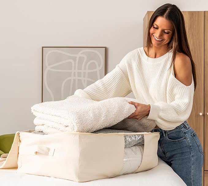 Soft Canvas Storage Bags with Zipper. Thick Breathable, 2pc King/Queen Comforter Organizer. Four Carrying Handles and Window. Large 25x19x9in Bag for Sheets Blankets Bedding Pillows, Clothes (Grey)