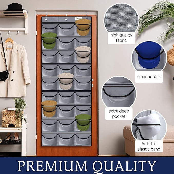 Brandland Hat Organizer for Baseball Caps – 27 Clear Pockets Over-the-Door Rack – Space-Saving Cap Holder Organizer for Hats, Visors, and Accessories – Gray