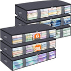 TasticTotes Under Bed Storage Containers, 6 Pack Blanket Storage Bags, Collapsible Storage Bags with Big Zippers, Clear Front, Shoe Storage and Organization for Clothes, Comforter, 90L, Grey