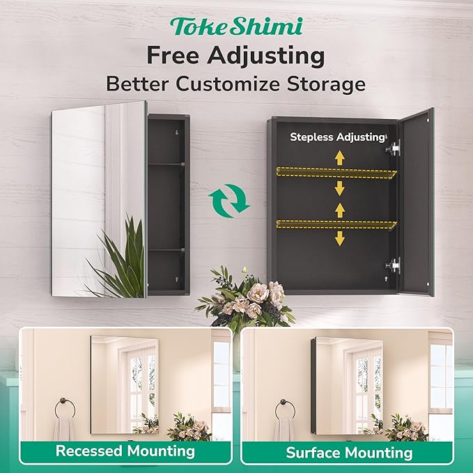 TokeShimi 48x26 Recessed Medicine Cabinet with Mirror Aluminum Black, Tempered Frameless Bathroom Mirror with Storage Adjustable, White Wall Mounted Medicine Cabinet for Bathroom Farmhouse