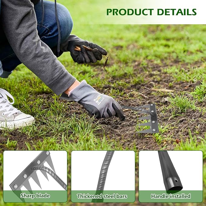 Iron Weeding Rake 2.0, New 5/6/7/8 Teeth Carbon Steel Garden Weeder Rakes, Weeder Puller Tool for Yard Lawn and Garden, Heavy Duty Metal Rake for Lawn, Flower Beds & Soil Aeration(8 Teeth)