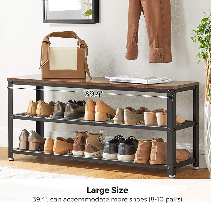 VASAGLE, 3-Tier Shoe Rack, Shelf Storage Bench with Metal Mesh Shelves and Seat, Free Standing Shoe Organizer for Entryway, 11.8 x 39.4 x 17.7 Inches, Rustic Brown and Black ULBS078B01