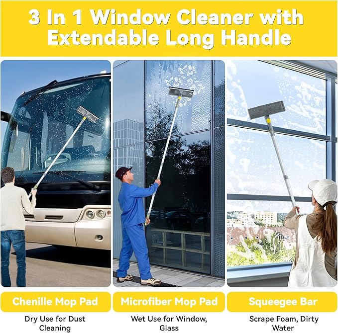 JEHONN Window Cleaning Squeegee Kit, 64 inches Tall Professional Shower Glass Washing Equipment, 3 in 1 Wall Cleaner Duster with Extension Pole for Home Indoor Outdoor Mirror Car Windshield