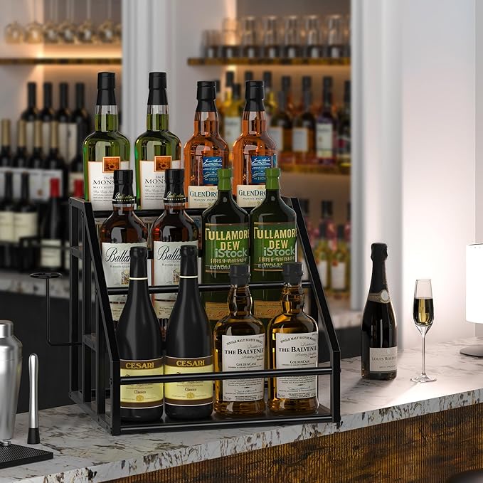 Coffee Syrup Rack Organizer, Spice Racks, Syrup Bottle Holder Stand for Coffee Bar, 3-Tier 12 Bottles Storage Shelves for Syrup, Wine, Dressing for Kitchen Countertop, Black