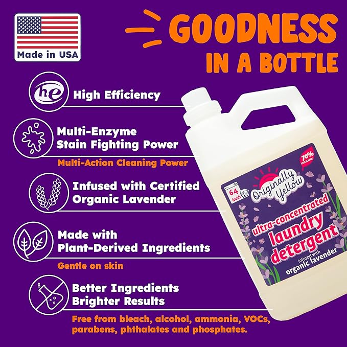 Originally Yellow Plant Based Laundry Detergent | Ultra-Concentrated Natural Laundry Detergent with Organic Lavender | High-Efficiency Clean, Tough on Stains, Gentle on Fabric | 64Oz