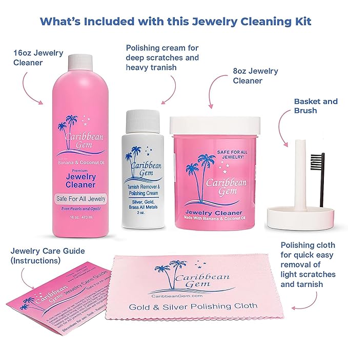 Jewelry Cleaner 16oz & 8oz, Basket, Brush, Polishing Cream & Polishing Cloth - Jewelry Cleaning Kit for All Gold, Silver, Diamonds, Rings, Necklaces, Gems, Precious Stones & Metals