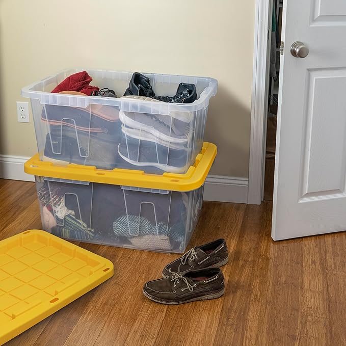 CX BLACK & YELLOW, 27-Gallon Heavy Duty Clear Storage Container & Snap-Tight Lid, Clear & Yellow (14.3H x 20.6W x 30.6D), Weather-Resistant, Stackable, See-Through Organization Tote [2 Pack]