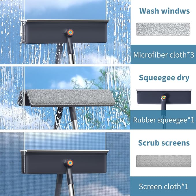 60" Window Squeegee Cleaner Tool for Home - 3 in 1 Rotatable Window Cleaning Kit, Washing Tool for Indoor/Outdoor Glass, Mirrors, Shower Windshield with 4 Poles, 3 Microfiber Cloths & Screen Brush