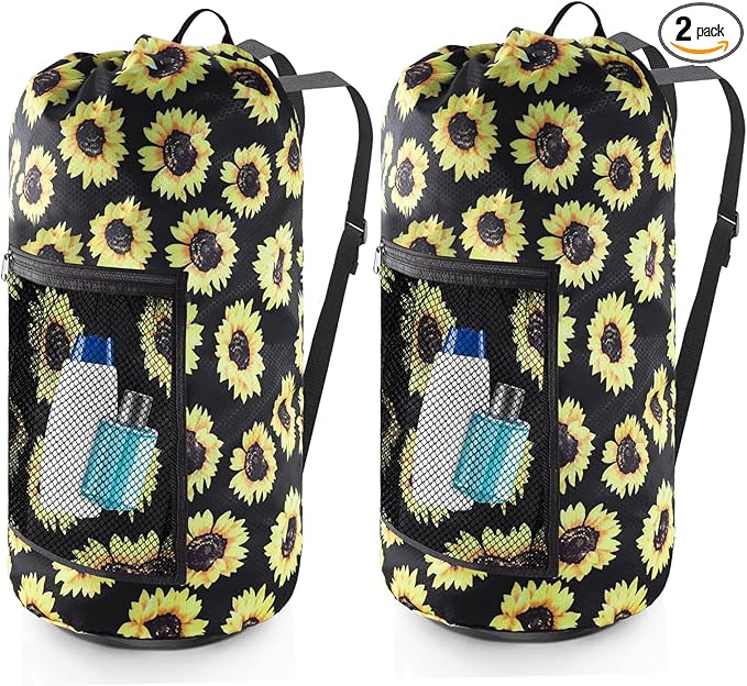 Laundry Bag Backpack, 2PCS Extra Large Travel Laundry Bag with Mesh Pocket & Adjustable Shoulder Straps,Dirty Clothes Travel Bag for College Students Dorm,Apartment(Sunflower)