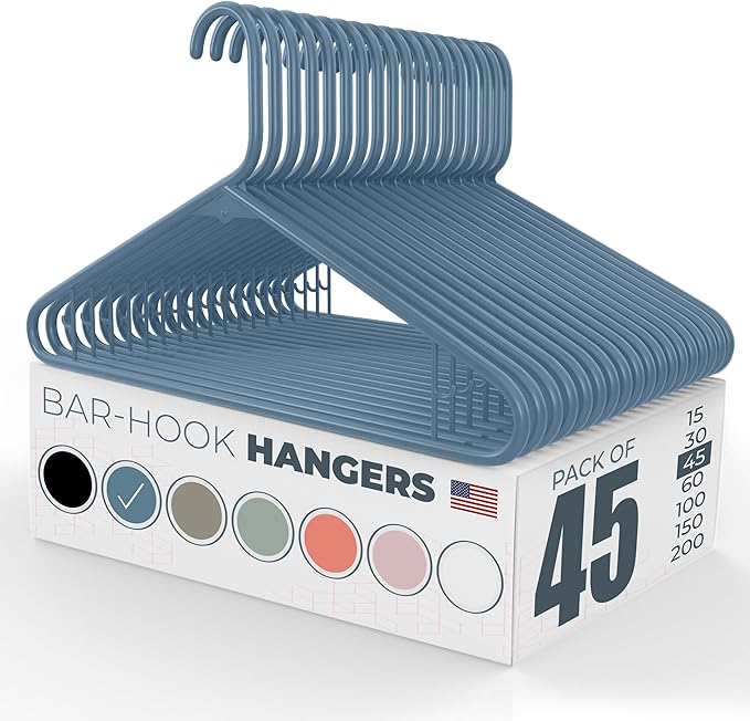 Neaties Plastic Hangers 45 Pack – Made in the USA – 6lb Capacity Standard Clothes Hangers with Strap Hooks for Dresses, Lingerie, Shirts, Pants, and Jackets – Blue