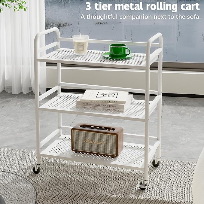 HDANI 3 Tier Metal Rolling Heavy Cart Supports 40 Lbs Per Tier,Rolling Cart with 2 Lockable Wheels for Office,Home,Bedroom,Kitchen,Bathroom(White)…
